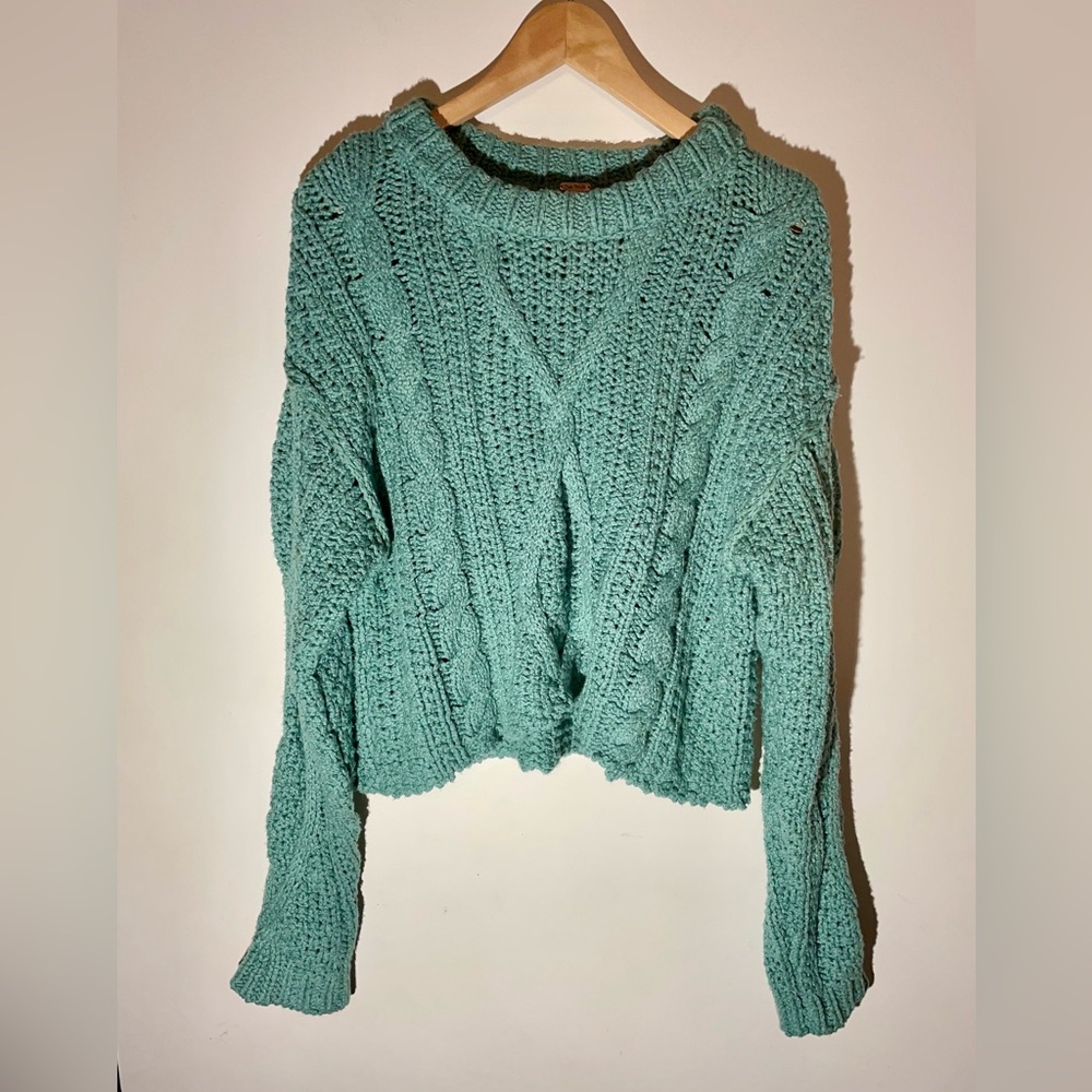 Free People Women's Cutting Edge Solid Cable-Knit Boho Sweater Green Size Small